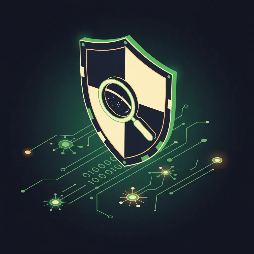 Ilustração isométrica de escudo digital com lupa sobre código binário - conceito educativo de verificação de segurança