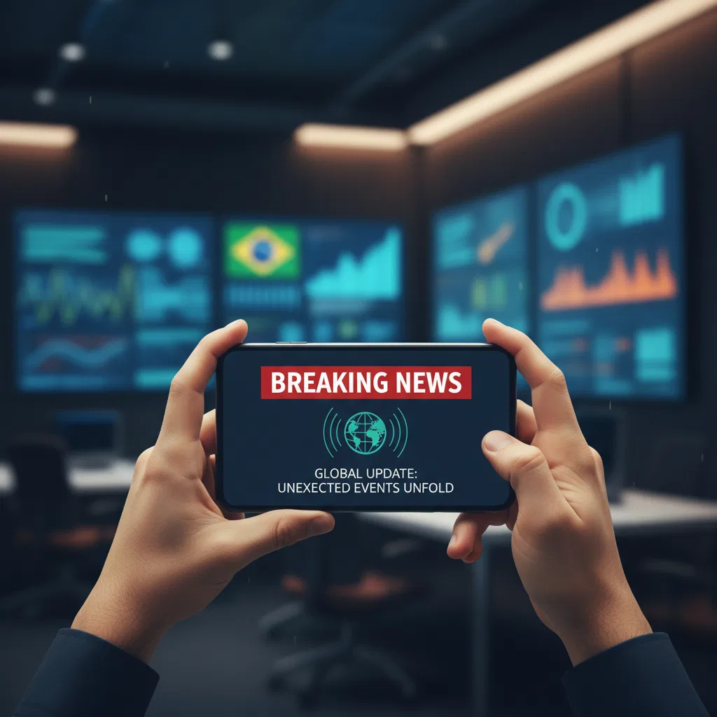 Mãos anônimas segurando smartphone com alerta de notícia - contexto educativo sobre verificação de informações financeiras virais