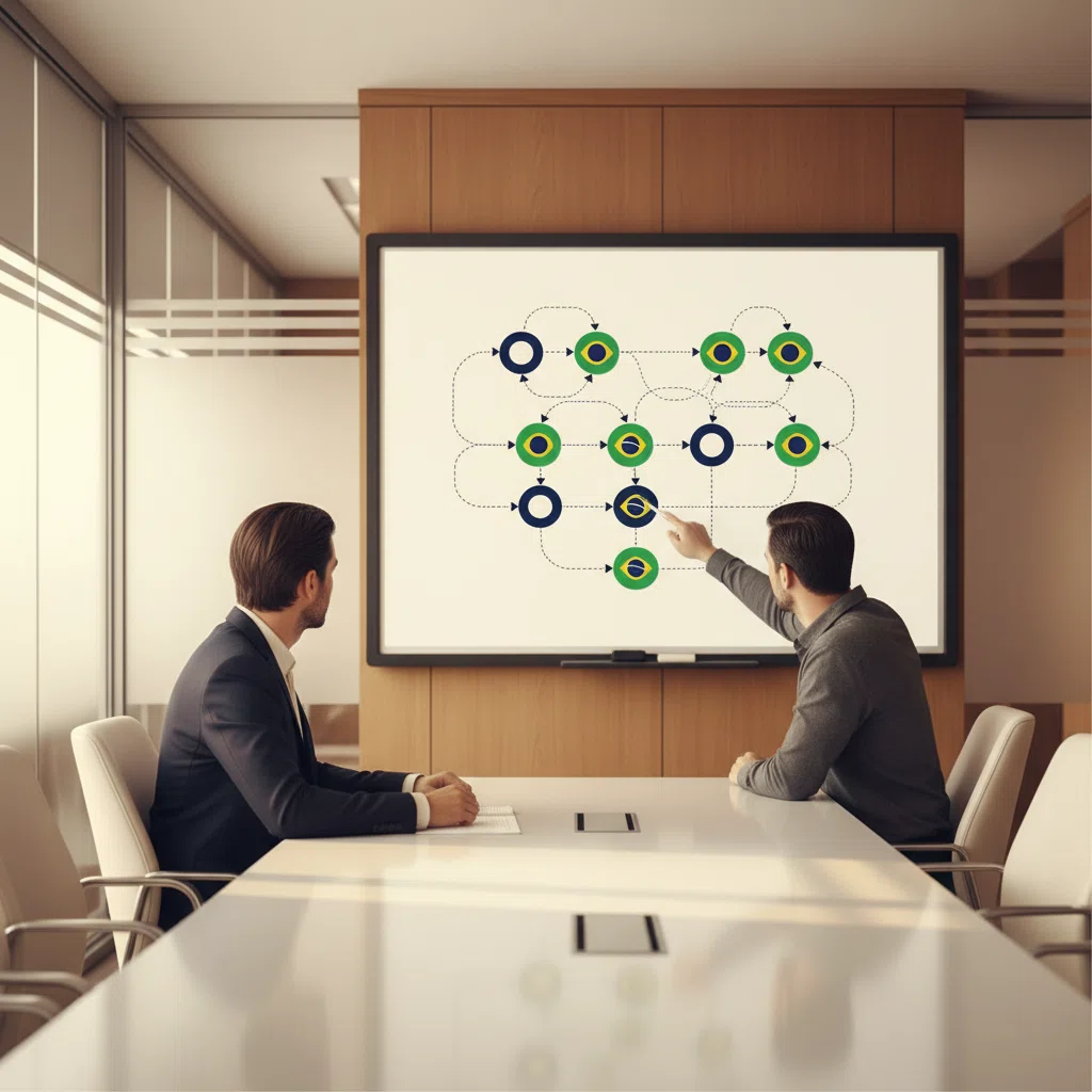Profissionais de costas em sala de aula moderna, apontando para diagrama no quadro - contexto educativo de formação em segurança digital