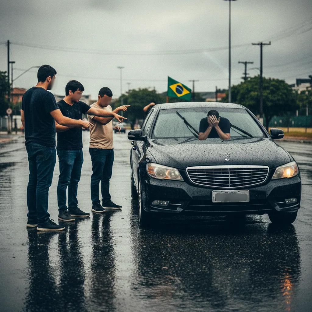 Cena fotojornalística urbana com grupo de pessoas e bandeira do Brasil - contexto educativo sobre confronto gerado por desinformação financeira viral