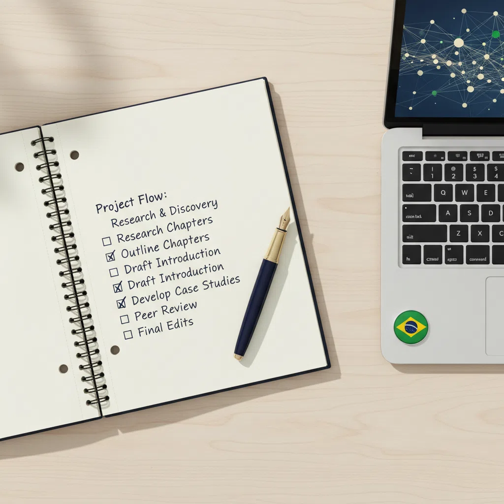 Vista superior de caderno com checklist educativo, caneta e laptop com visualização de dados - contexto do programa de formação da Ashford Point Academy
